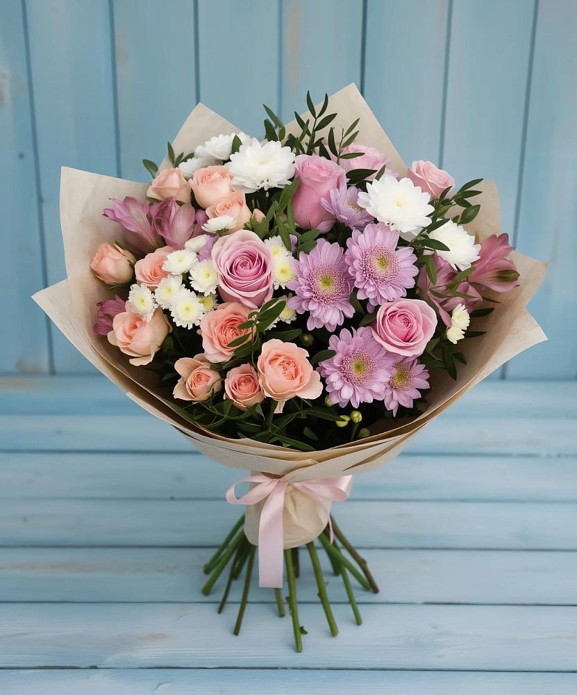Букет цветов из: Хризантемы, Розы и Альстромерии в Большой Казинке