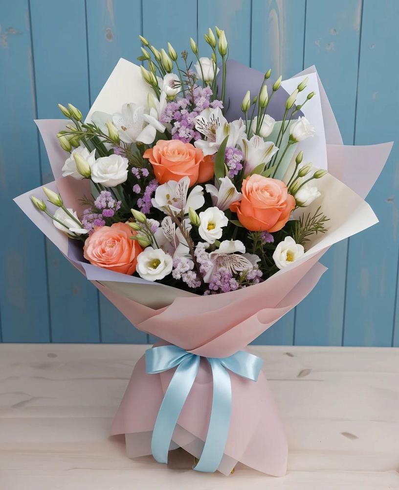 Букет цветов из: Лизиантусы, Розы, Альстромерии и Гипсофила в Большой Казинке