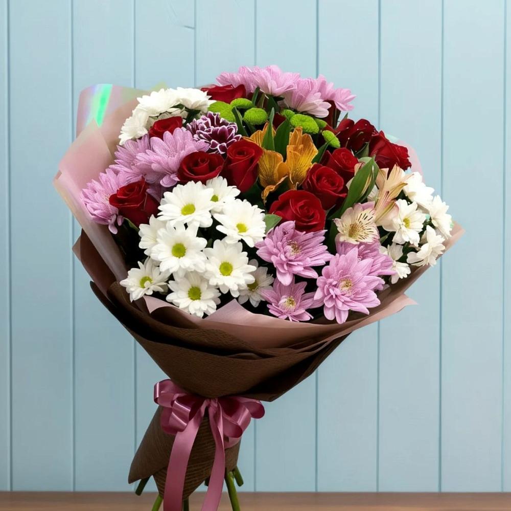 Букет цветов из: Розы, Хризантемы и Альстромерии в Большой Казинке