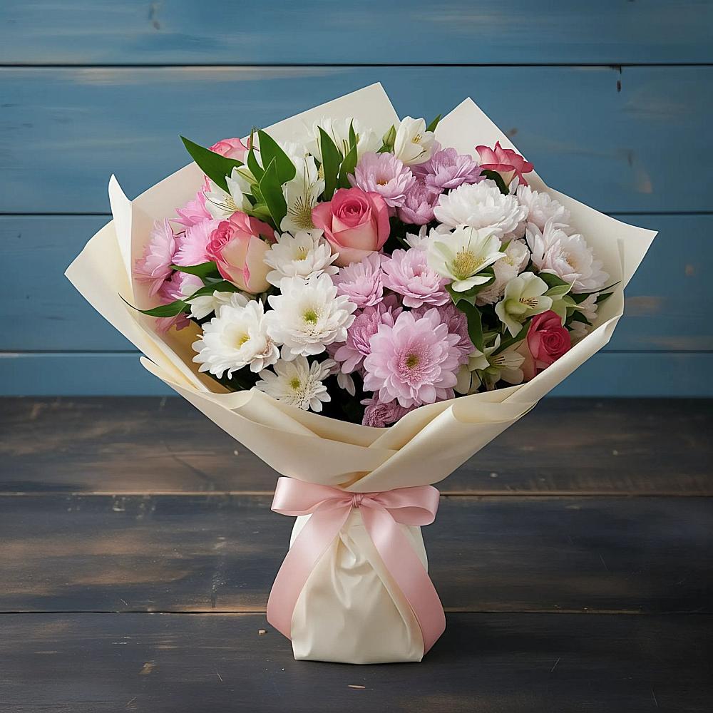 Букет цветов из: Хризантемы, Альстромерии и Розы в Большой Казинке